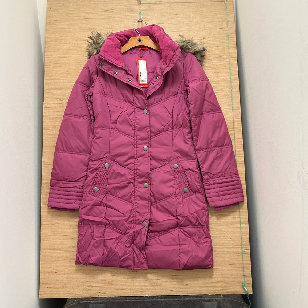 Esprit Womens Magenta Pink Longline Puffer Parka Faux Fur Hood Size 0 NEW